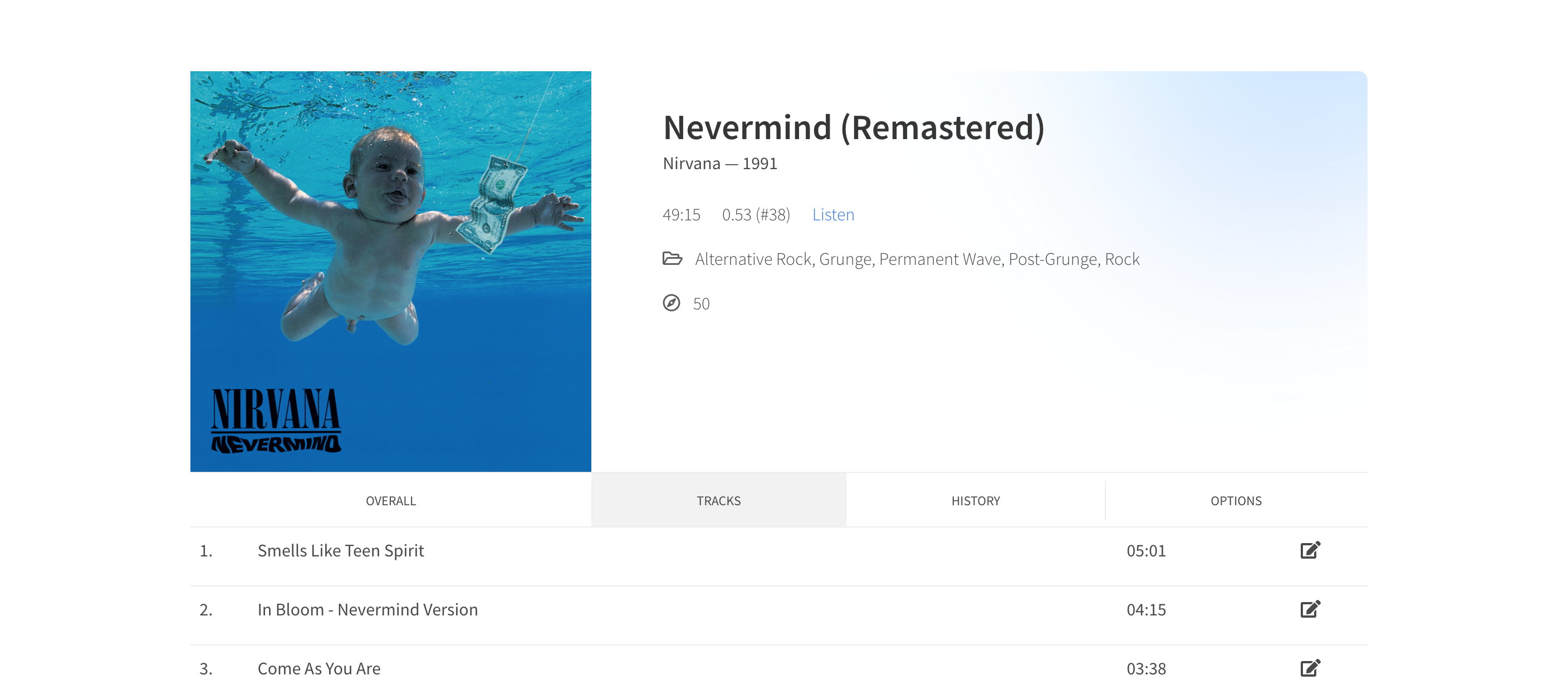 A screenshot of the album view, with Nevermind by Nirvana in focus