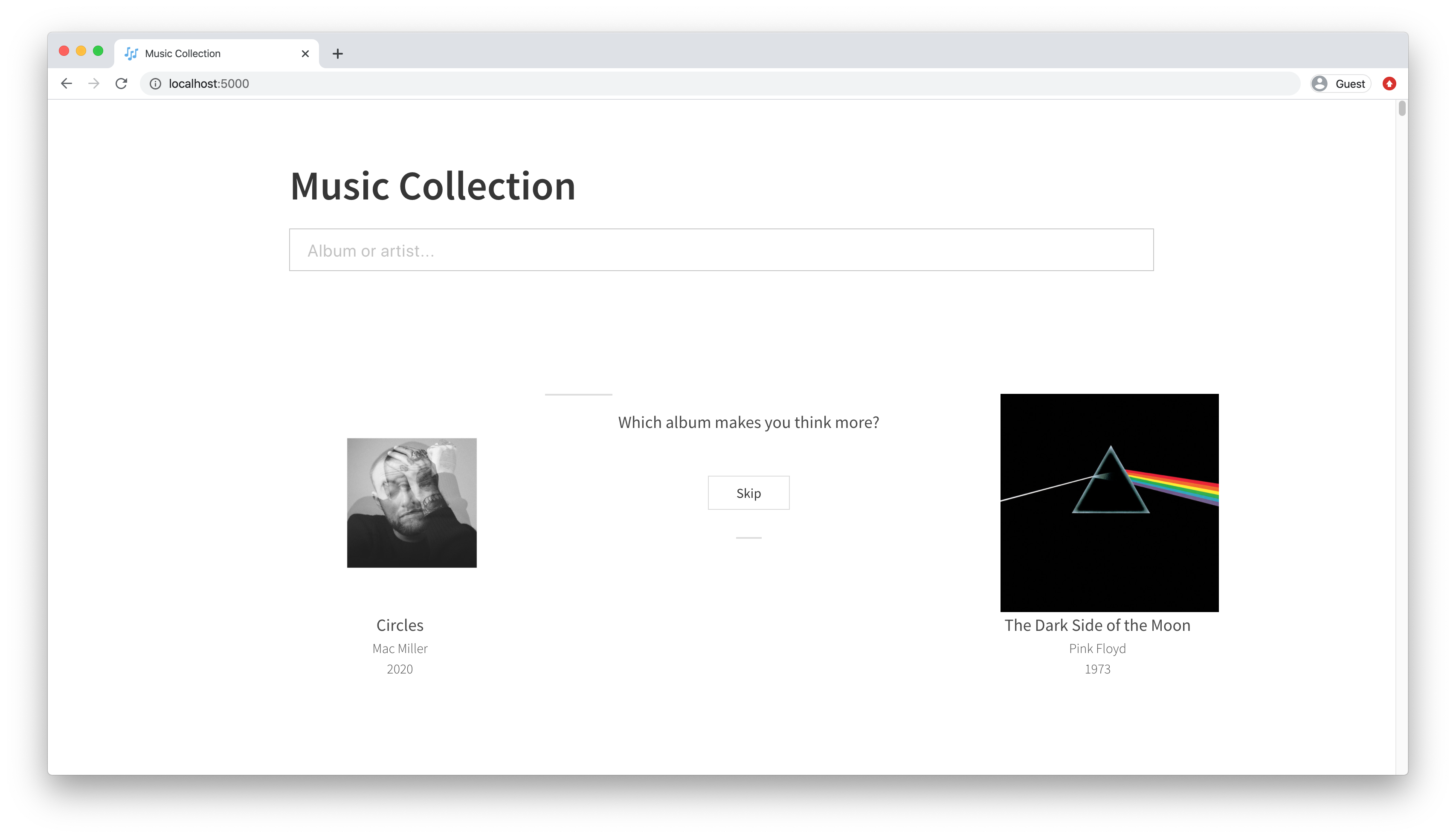 A screenshot of the music collection app while comparing two albums